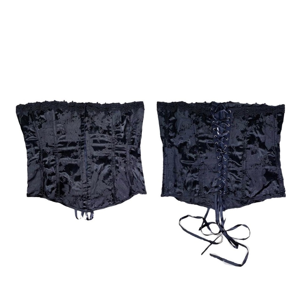 Vintage Corset Bodice Top Sateen Brocade by Shirley of Hollywood Black 38 L / XL